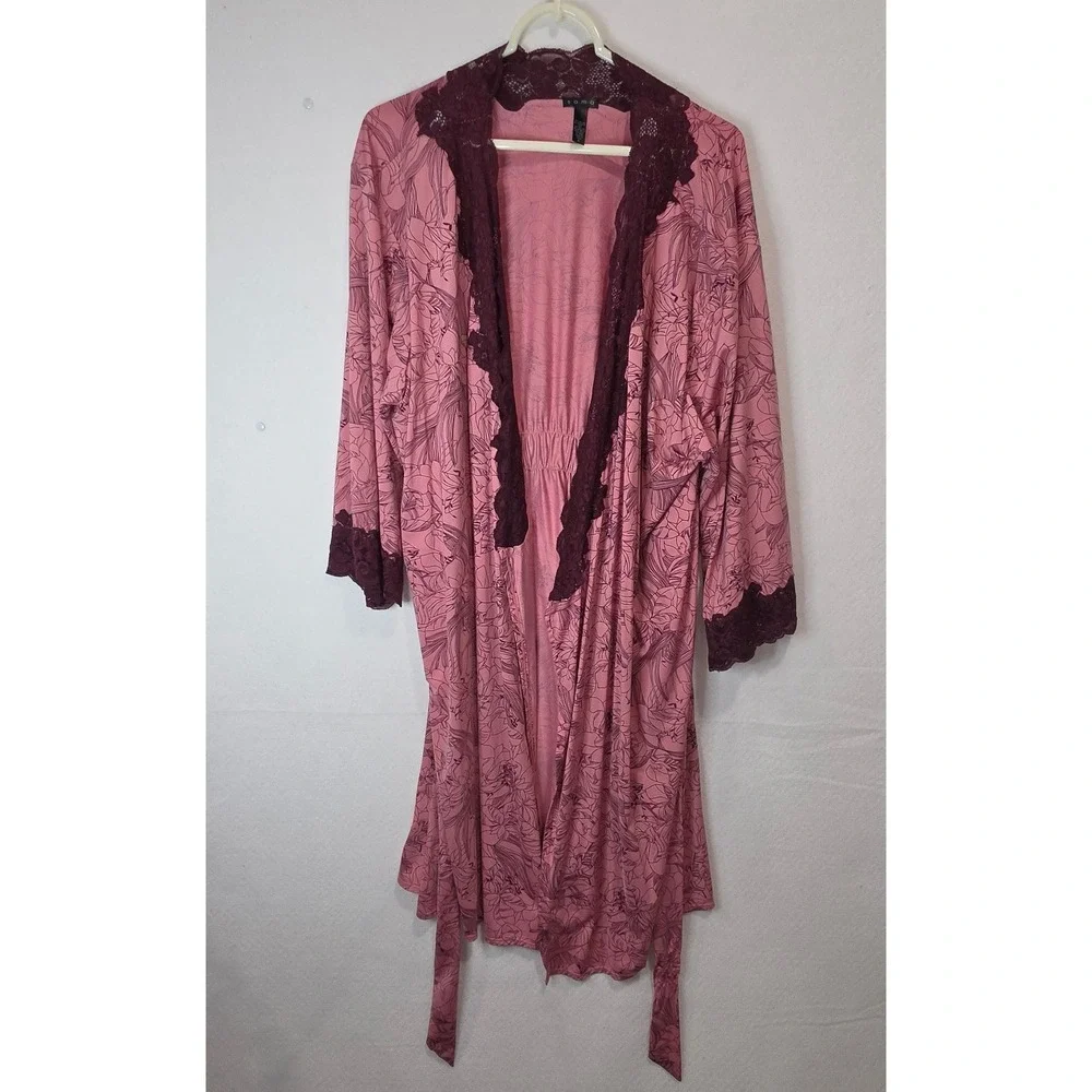 Soma Intimates Floral Lace Trim Wrap Robe Mauve Pink Burgundy XL Loungewear